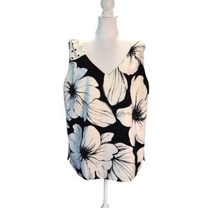 Talbots Plus Floral Tank Top Work Office Evening Summer Black White 16W Bow